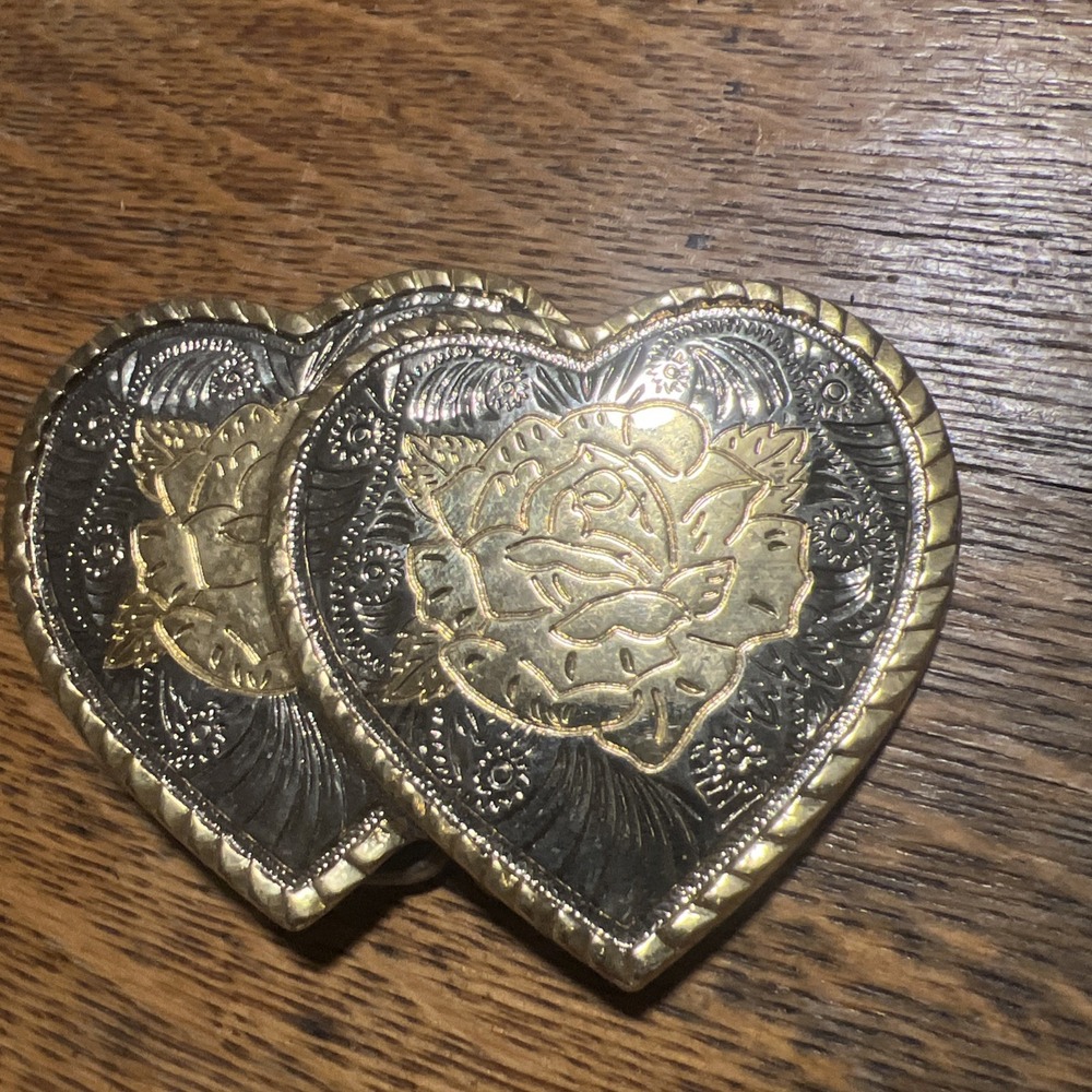 Vintage Double Heart Golden Rose Belt Buckle Gold Silver Tone Western 4x2.5 in